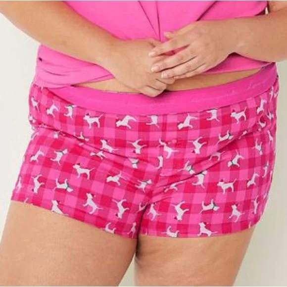 Vs Victorias Secret Pink Flannel Sleep Boxy Short Shortie Pink Dog Plaid XXL - Picture 2 of 4